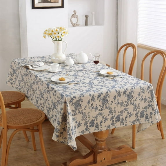 WCHUANG Cotton Linen Rectangular Tablecloth, Floral Flower Vintage Farmhouse Washable Table Cover for Party Picnic Dinner Decor