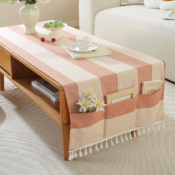 WCHUANG Linen Tassel Coffee Table Tablecloth Living Room Rectangular Tablecloth Cover with Pockets