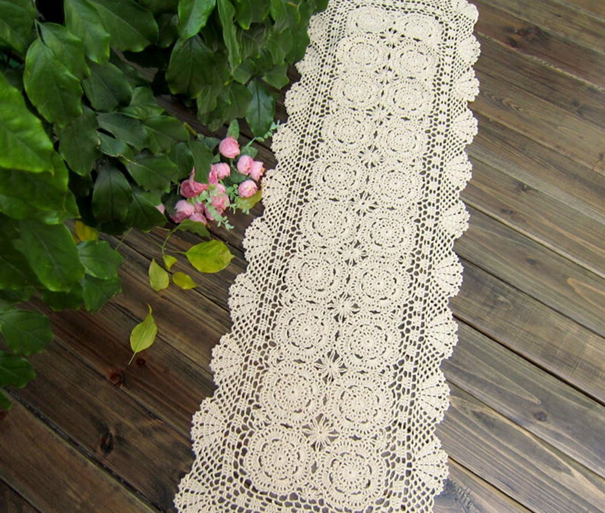 WCHUANG Rectangular Cotton Handmade Crochet Lace Table Runner Doilies Table Dresser Scarf Décor
