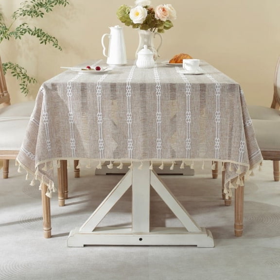 WCHUANG Rustic Stripe Embroidered Tablecloth Tassel Cotton Linen Table Cloth Table Cover for End Bedside Coffee Teapoy