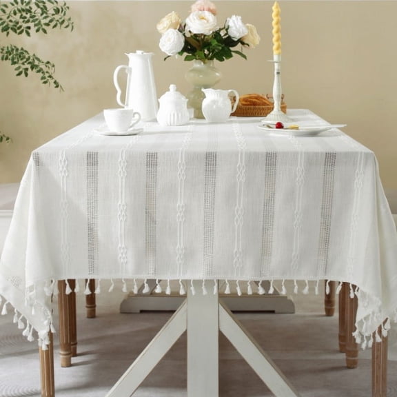 WCHUANG Rustic Stripe Embroidered Tablecloth Tassel Cotton Linen Table Cloth Table Cover for End Bedside Coffee Teapoy