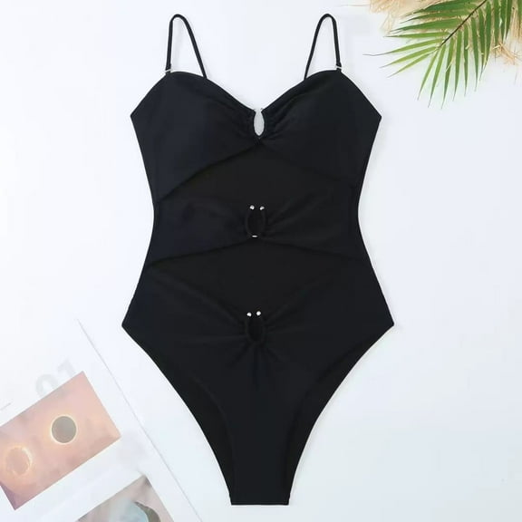 WCJM A Black Strap Women's Bikini Swimsuit Stylish Hollow Out Swimwear Bathing Suit
