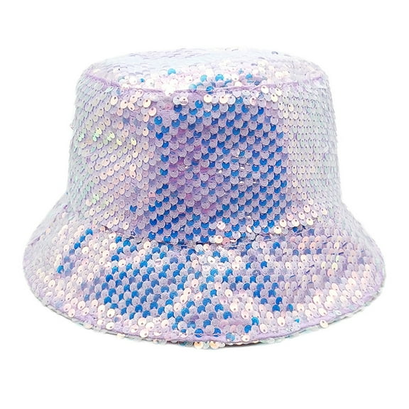 WCJM A Purple Sequins Bucket Hat For Women Men Glitter Sequins Strips Fisherman Hat Unisex Reversible Sun Hat For Beach Outdoor