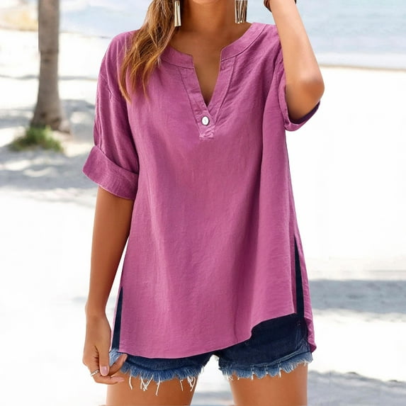 WCJM Short Sleeve Shirts for Womens Shirts Loose Shirt Tops Stand Solid Color Sleeve Collar Casual Women's Shirt