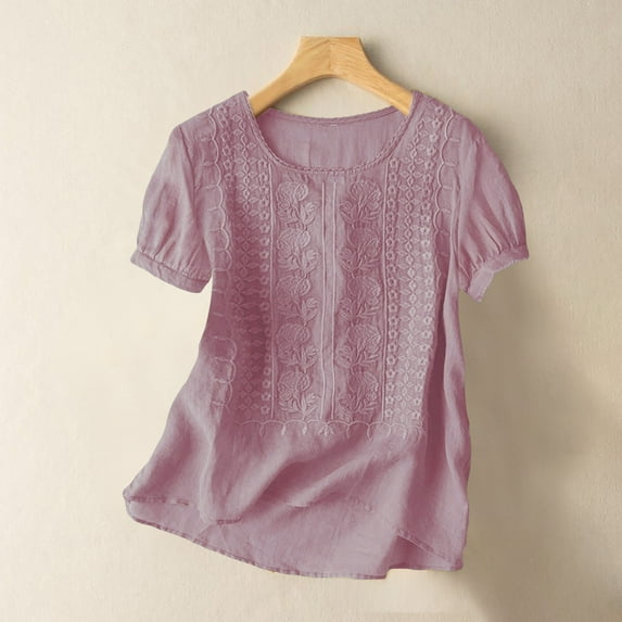 WCJM Short Sleeve Shirts for Womens Shirts Women's Fashionable Casual Solid Color Pleated Cotton and Linen Tops Shirts and T Shirts