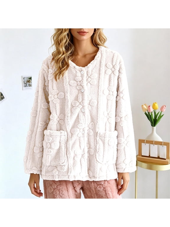 Bed Jacket for Women with Pockets Cozy Classic Pajama Top Soft Sleepwear Casual Nightwear (Beige,M)