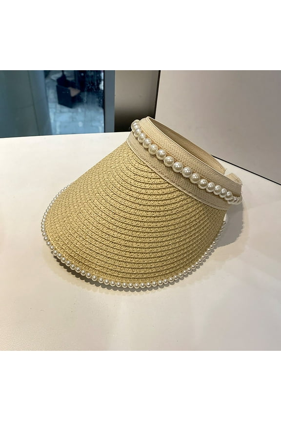Beige Faux Fur Women's Visor Beach Hat Packable Hat Summer Sun Hat With Decoration Pearl