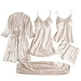 thumbnail image 1 of WCJM Beige Ladies Satin Pajamas Set 5 Piece Pajamas Silk Like Lace Paneled Pajamas, 1 of 3