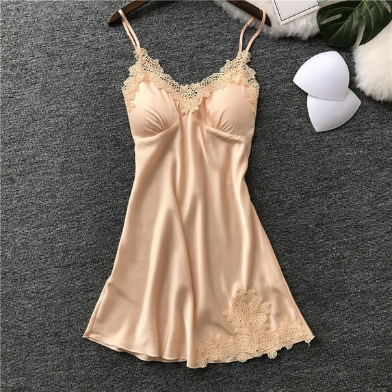 WCJM Beige Women Lace Pad Lingerie Nightwear Underwear Robe Babydoll Sleepwear Dress