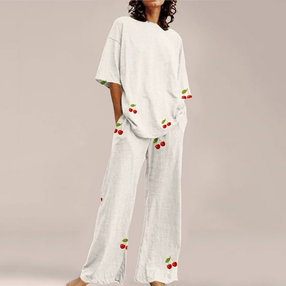 WCJM Beige Women Suitable Summer O Neck Loose Short Sleeve Floral Print Top Shirt With Pants Large Size 2 Set