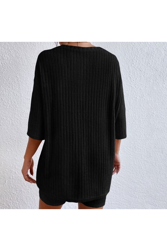 Black 2 Sets Ribbed Knit Pajamas Matching Outfits T Shirt Biker Shorts Sleepwear Sweatsuits