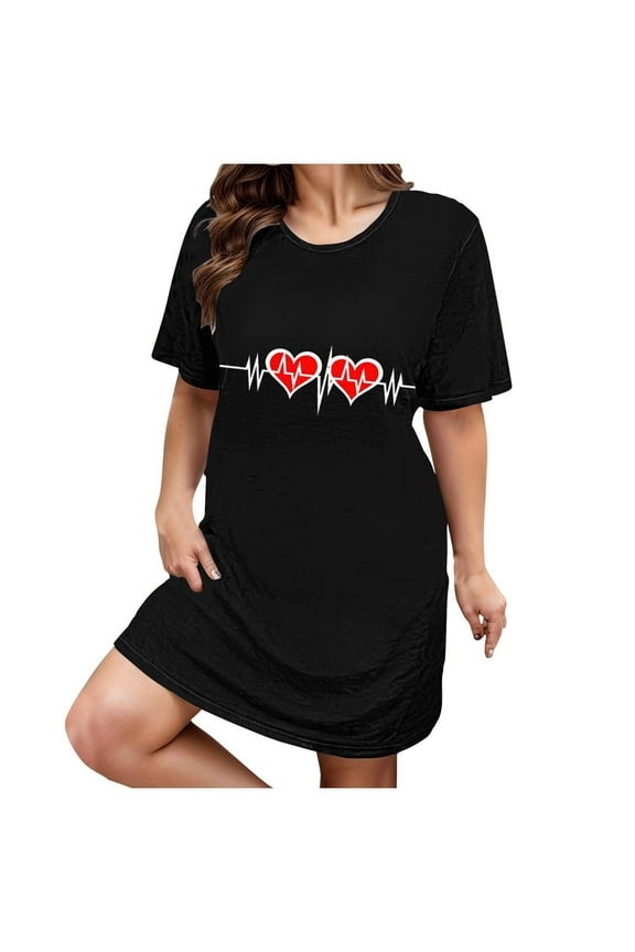 Black Plus Size Casual Sleep Dress Women's Plus Heart Print Short Sleeve Round Neck Medium Stretch Loose Nightdress Valentine's Day Nightdress