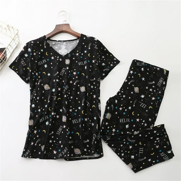 WCJM Black Women's Cotton Pajama Set Cute 2 Piece Set Comfy Summer V Neck Short Sleeve Shirt Capri Sleepwear