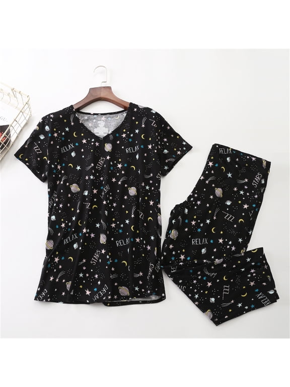 Black Women's Cotton Pajama Set Cute 2 Piece Set Comfy Summer V Neck Short Sleeve Shirt Capri Sleepwear