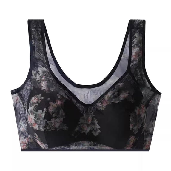 WCJM Black Women's Large Size Outer Wear Lace Mesh Printed Underwear Vest Full Cup Fixed Straps Bra For Women