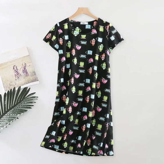 WCJM Black Women's Nightgown Women's Plus Size Cute Home Clothes Knitted Cotton Sweet And Short Sleeved Round Neck Pajamas