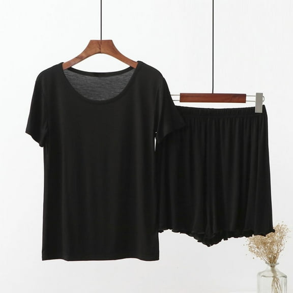 WCJM Black Women's Shorts Short Sleeves Casual Two Piece Pajamas Casual Suit