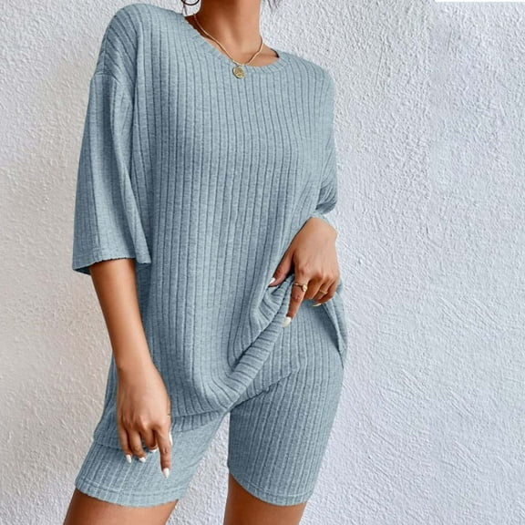 WCJM Blue 2 Sets Ribbed Knit Pajamas Matching Outfits T Shirt Biker Shorts Sleepwear Sweatsuits