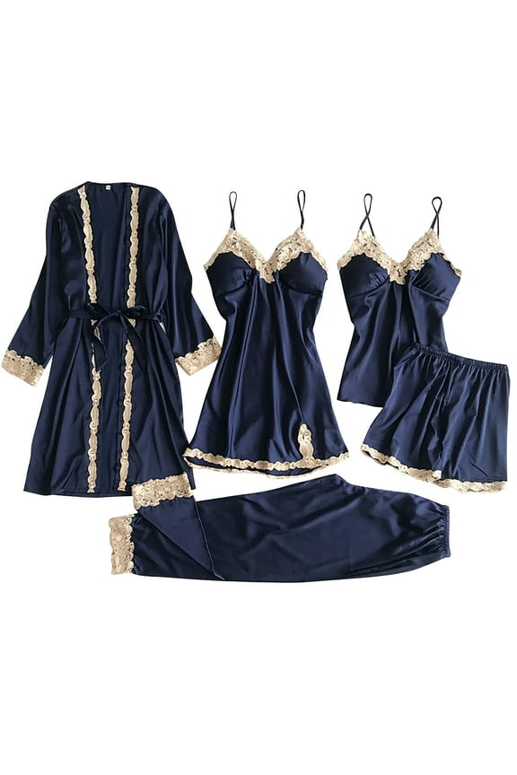 Blue Ladies Satin Pajamas Set 5 Piece Pajamas Silk Like Lace Paneled Pajamas