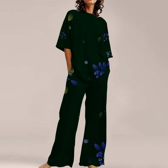 WCJM Blue Summer Outfits For Women 2 Cotton Linen Set Oversized T Shirts Straight Leg Pant Plus Size Tracksuit