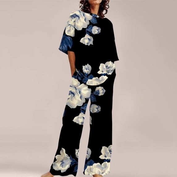WCJM Blue Summer Outfits For Women 2 Cotton Linen Set Oversized T Shirts Straight Leg Pant Plus Size Tracksuit