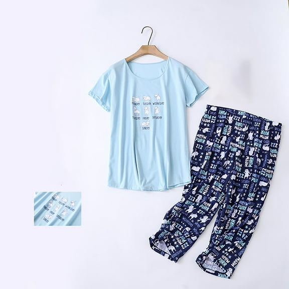 WCJM Blue Women's Cotton Pajama Set Cute 2 Piece Set Comfy Summer V Neck Short Sleeve Shirt Capri Sleepwear