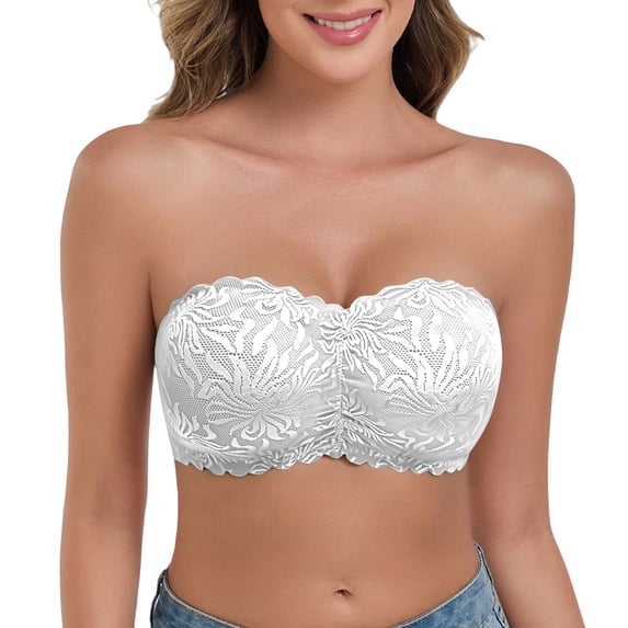 WCJM Bra Lace Strapless Bra for Women Push Up Lightly Padded Balconette with Clear Straps Multiway(White,XL)