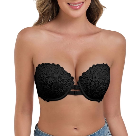 WCJM Bra Lace Strapless Push Up Bra Women Lightly Padded Balconette with Clear Straps Multiway