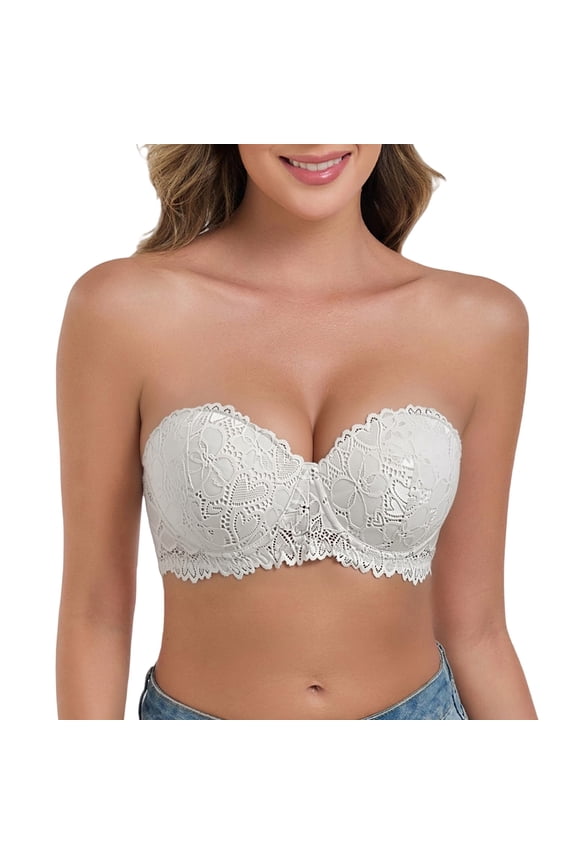 Bra Lace Tube Top Bra Women Strapless Bralette Stretchy for Low Neckline Cleavage Cover(White,XL)