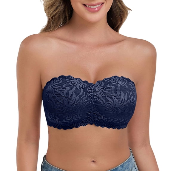 WCJM Bra Women Comfortable Strapless Bra Lace High Support Breathable Lightly Padded Wireless(Dark Blue,L)