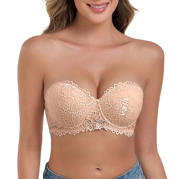 WCJM Bra Women Strapless Push Up Bra Lace Lightly Padded Balconette Multiway with Clear Straps(Beige,S)