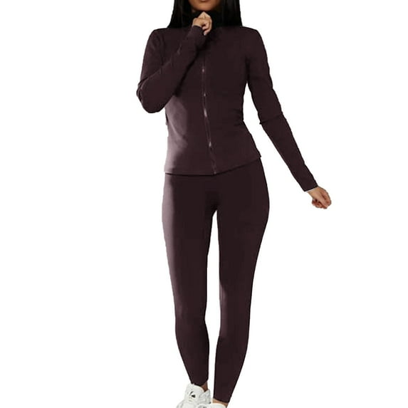 WCJM Brown 2 Piece Sets For Women Slim Zipper Solid Color High Collor Top And Tight Pants Matching Set