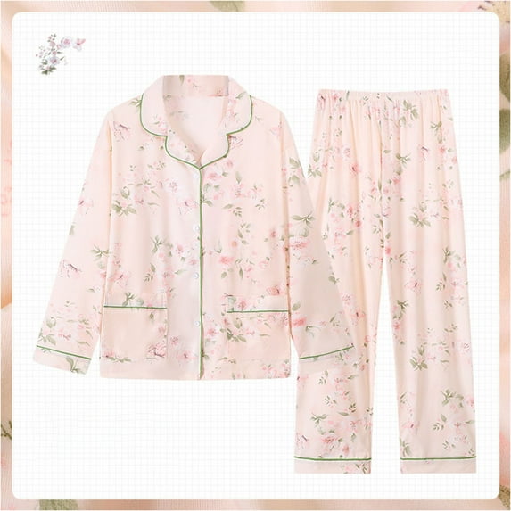 WCJM Button Down Nightshirt Fashion Pajamas Spring and Autumn Long Sleeve Pants Imitation Cotton Set Loose Large Home Clothes