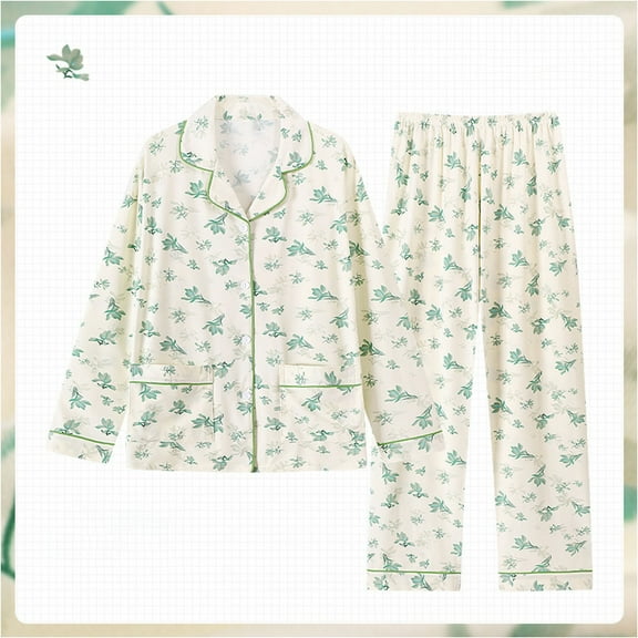 WCJM Button Down Shirt Shorts Fashion Pajamas Spring and Autumn Long Sleeve Pants Imitation Cotton Set Loose Large Home Clothes