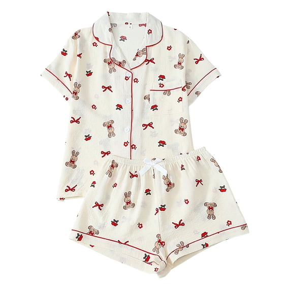 WCJM Button Front Pajama Set Womens Short Sleeve Lapel Print Top Matching Drawstring Shorts Lightweight Breathable Knit Summer Outfit