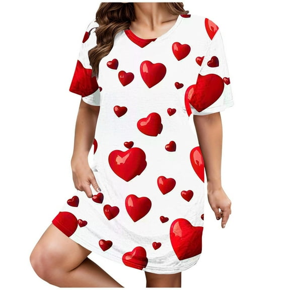 WCJM Button Up Pajamas for Women Plus Size Casual Sleep Dress Women's Plus Heart Print Short Sleeve Round Neck Medium Stretch Loose Nightdress Valentine's Day Nightdress