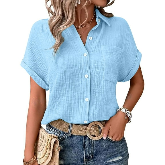 WCJM Shirt Womens Shirts Womens Blouses Casual Tops Batwing Sleeve Pocket Patched Shirt Casual Work T Shirts Double Layer Wrinkled Fabric