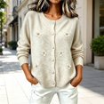thumbnail image 1 of WCJM Cardigan Sweaters for Women Plus Size Long Sleeve Button Down Crewneck Fall Knit Top (Beige,S), 1 of 5