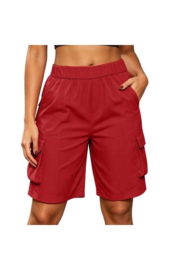 Cargo Style Shorts for Women Lightweight Breathable Multiple Pockets Oversized Relaxed Fit Plus Size Summer Bottoms(Red,2XL)
