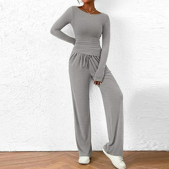 WCJM Clear Women's 2 Piece Sets Asymmetrical Long Sleeve T Shirt Wide Leg Pants Casual Outfits Tracksuit
