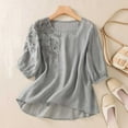 thumbnail image 1 of WCJM Cold Shoulder Tops for Women Short Sleeve T Shirts Twist Knotted Solid Floral Embroidered Tops Cotton Linen Shirts Boho Ethnic Style Tee Women 3/4 Sleeve V Neck Button Tunic Tshirt, 1 of 6
