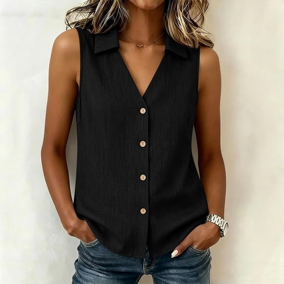 WCJM Collared Sleeveless Button Front Tank Blouse Women Lightweight Cotton Linen V Neck Wood Button Breathable Relaxed Fit Summer Everyday Linen-Like Vest Top