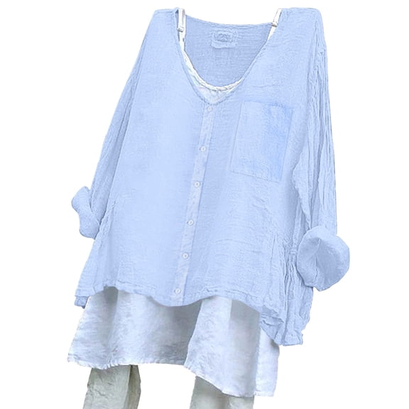WCJM Shirts for Womens Shirts Women's Solid Color Loose Plus Size Long Cotton Texture Dress Shirt Button
