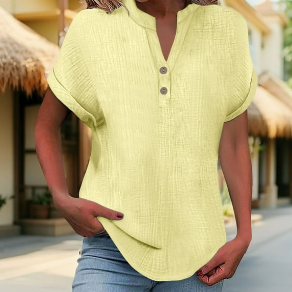 WCJM Essentials Women's Regular-Fit Short-Sleeve Crewneck T-Shirt, M Women's Fashionable and Casual Solid Color V Neck Wrinkle Cloth Button Short Sleeve Rolled Up T Shirt Top