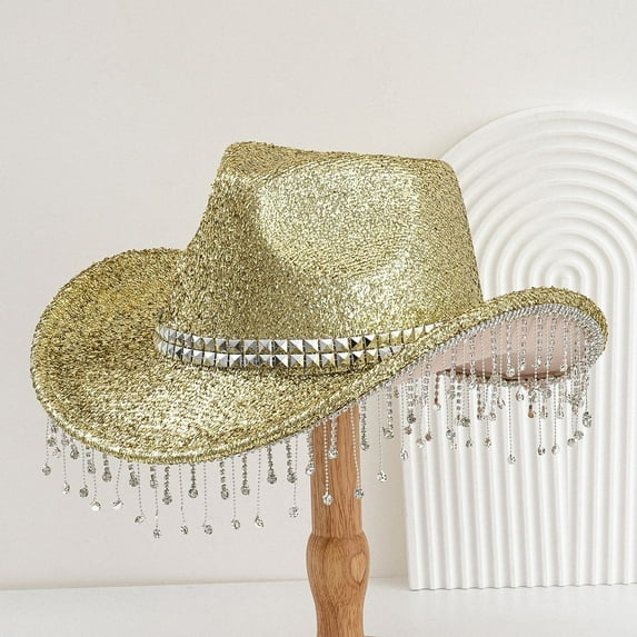 WCJM FemaleMen's And Women's Hats With Sequins And Pendants Tassels Fashionable Cowboy Hats Music And Dance Elegant Hats Gold