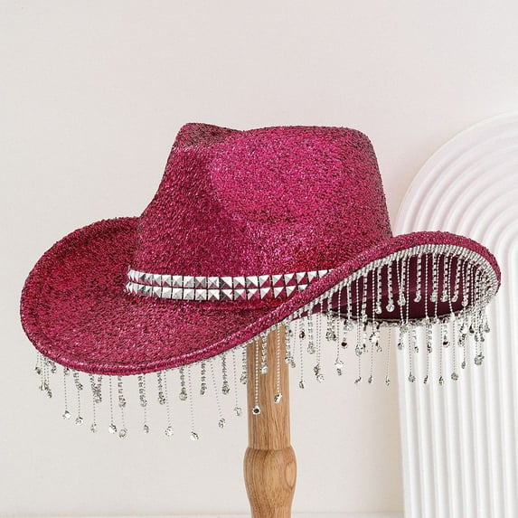 WCJM FemaleMen's And Women's Hats With Sequins And Pendants Tassels Fashionable Cowboy Hats Music And Dance Elegant Hats Hot Pink