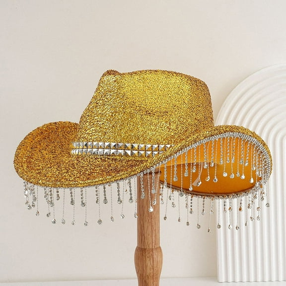 WCJM FemaleMen's And Women's Hats With Sequins And Pendants Tassels Fashionable Cowboy Hats Music And Dance Elegant Hats Yellow