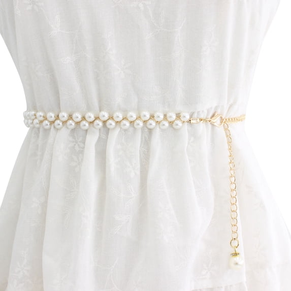 WCJM FemaleWomen Hook Adjustment Pearl Waist Chain Decorative Dress Waist Small Fragrance Thin Belt Sweet Chain Gold