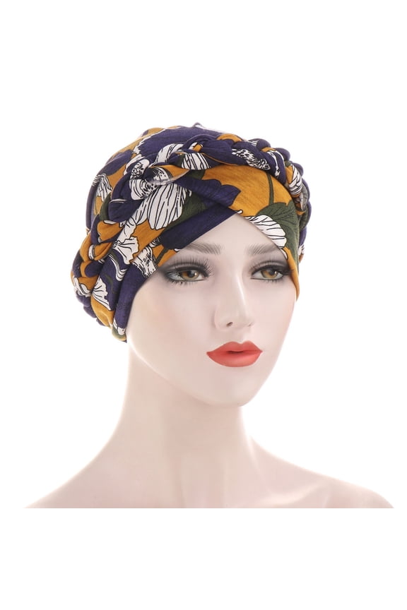 FemaleWomen Print India Hat Ruffle Cancer Chemo Hat Beanie Wrap Cap Navy