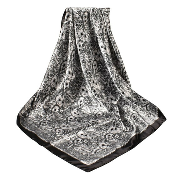 WCJM FemaleWomens Spring Summer Prints Satin Cashew Flower Prints Square Scarf Black